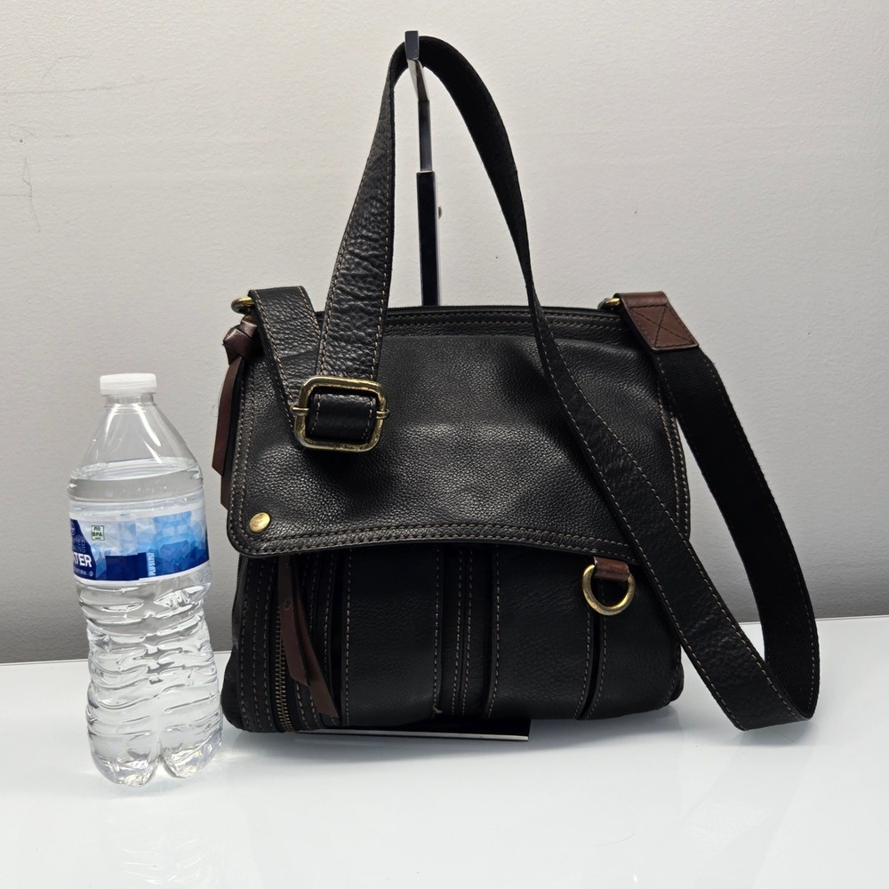 Fossil Crossbody Messenger Bag Medium Black Pebbled Leather Multi Pocket Utility